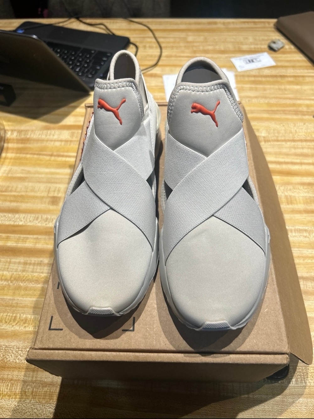 Puma Women’s Slip-On Athletic Sneakers - Light Gray with Orange Logo